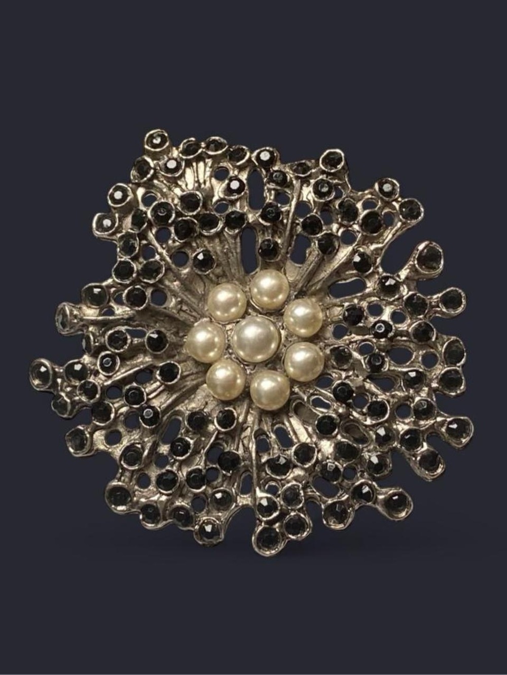 Vintage Starburst Flower Pearl Black Rhinestone Silver Brooch Art Deco Pin